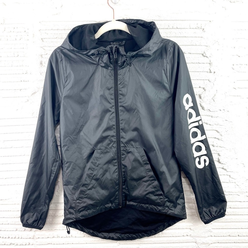 Adidas Black Zip Up Mesh Lined Windbreaker Hoodie‎ Sleeve Logo Size XS